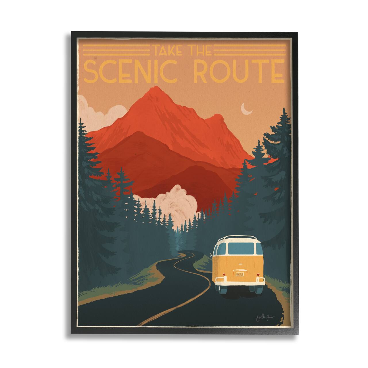 Stupell Industries Take the Scenic Route Phrase Retro Mountain Travel Framed Wall Art